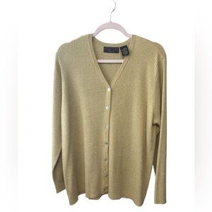Laura Scott Gold Metallic Shimmer Cardigan Sweater 2X Ribbed Knit Button Front